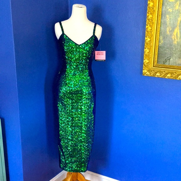 Glitz & Glamour Dress in Green Sequins Vixen by Micheline Pitt NWT - Picture 8 of 16